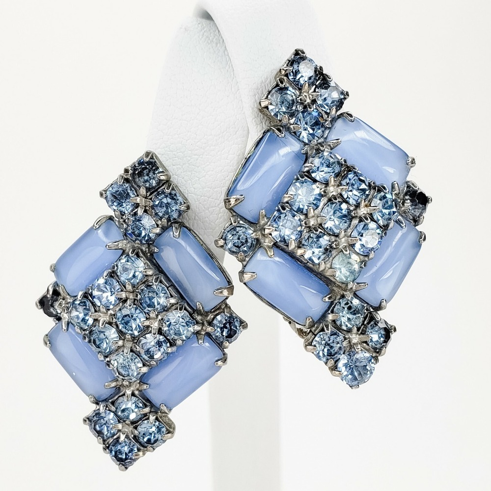 Vintage Blue Rhinestone Cabochon Clip On Earrings Silver Tone Mid Century 1.42in
